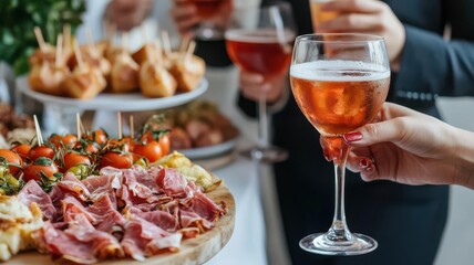 Guests mingling at a cocktail party, holding drinks and appetizers