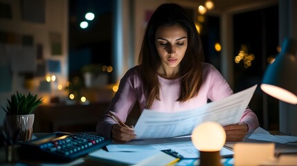 Fototapeta premium Focused Woman Reviewing Financial Reports in Home Office Late at Night