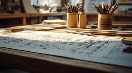 Close-up of Blueprint Spread Across a Wooden Desk: Detailed architectural blueprints spread on a wooden desk with drafting tools, showcasing technical design elements. 