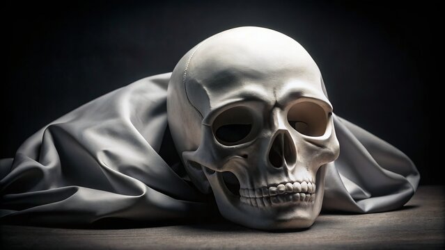 A human skull draped in a white theatrical mask, its face a canvas of mystery and drama, enshrouding