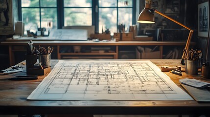 Close-up of Blueprint Spread Across a Wooden Desk: Detailed architectural blueprints spread on a wooden desk with drafting tools, showcasing technical design elements. 
