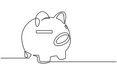 Piggy bank in continuous line art drawing style. Pig moneybox black linear sketch isolated on white background. Vector illustration, Continuous line drawing of piggy bank