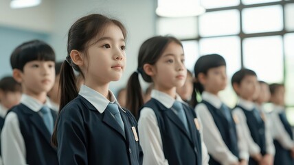 Fototapeta premium Kids wearing uniforms, lined up for a morning assembly, disciplined school life