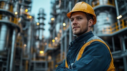 Industrial Strength: A determined industrial worker stands confidently before a backdrop of towering refinery structures, embodying resilience, expertise, and the heart of industry. 