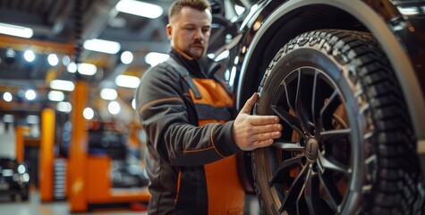 Wheel repair. Car tire change. Automobile service garage. Mechanic fix maintenance of auto. Vehicle workshop and man in gloves