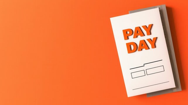 Pay day banner, paycheck stub with bold "PAY DAY" text, celebratory theme, 3D illustration
