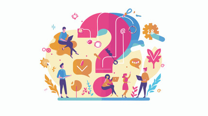
Q and A or FAQ concept with tiny people characters, big question mark, frequently asked questions template. Answers business support concept flat style design vector illustration.