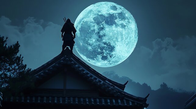A ninja standing on the roof of a traditional house, silhouetted against a full moon, a scene of stealth and mystery