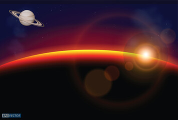 An Illustration of Cosmic Sunrise Over Earth Horizon depicts a breathtaking cosmic sunrise as viewed from space, with the sun's rays emerging over the curved horizon of Earth. The deep blues and black
