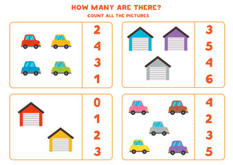 Count all colourful cars and garages and circle the correct answers.