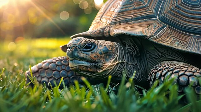 Close-up of a tortoise on green grass with sunlight, wildlife and nature concept