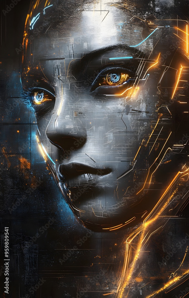 Wall mural 26. **futuristic portrait featuring a human face with cybernetic enhancements and glowing accents**