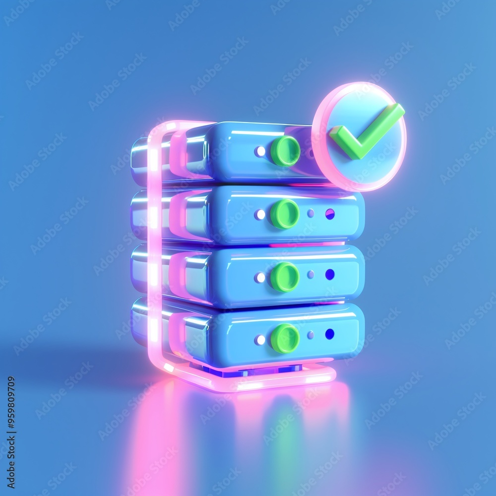 Poster 3d illustration of data server stacks with a check mark, representing data security and storage solu