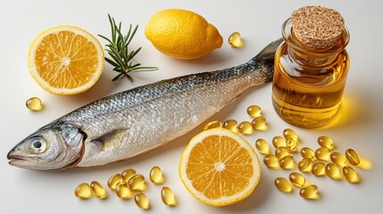 Fresh fish, lemons, and omega-3 supplements arranged with rosemary and oil bottle for healthy diet