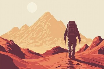 Naklejka premium Astronaut Hiking on a Desolate Martian Landscape with a Large Mountain in the Distance