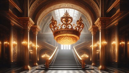 A grand, golden staircase leading up to a majestic crown suspended from the ceiling in a palace.
