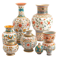 Ornamental Ceramic Vases: A collection of intricately patterned ceramic vases in various sizes and styles, showcasing a harmonious blend of vibrant colors and intricate floral designs. Each vase boast