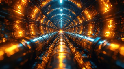 Massive gas pipelines aligned perfectly, with welders carefully joining the sections, bright sparks illuminating the scene, emphasizing the precision and skill involved