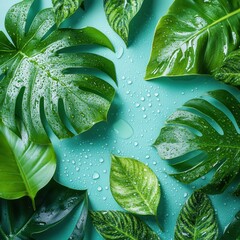 Fototapeta premium Nature background of monstera leaves with dew or rain drops on blue background with copy space.