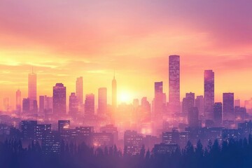 A City Skyline at Sunset with Silhouetted Trees in the Foreground