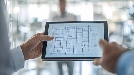Architect Pointing at Blueprint on a Digital Tablet: An architect uses a tablet displaying digital blueprints while discussing the design with another professional at a site.