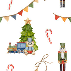 watercolor seamless pattern with Christmas tree, train and teddy Bear and nutcracker, caramel, garland with flags on white background