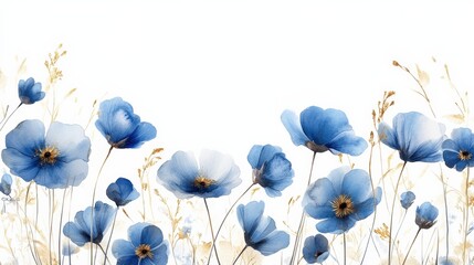 Blue and Gold Watercolor Flowers Elegant Romantic Floral Border