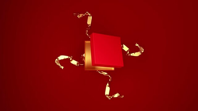 The gold ribbon on a red gift box unties, and the box opens, revealing what&rsquo;s inside on a red background. Perfect for holiday or special event animations.