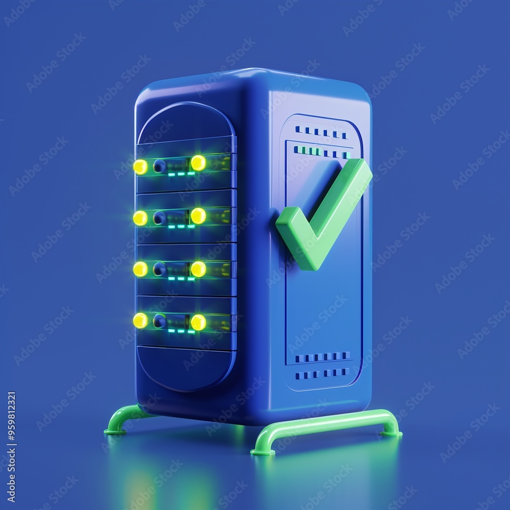 Poster modern server with lights and checkmark symbolizing successful connection and reliability in technol