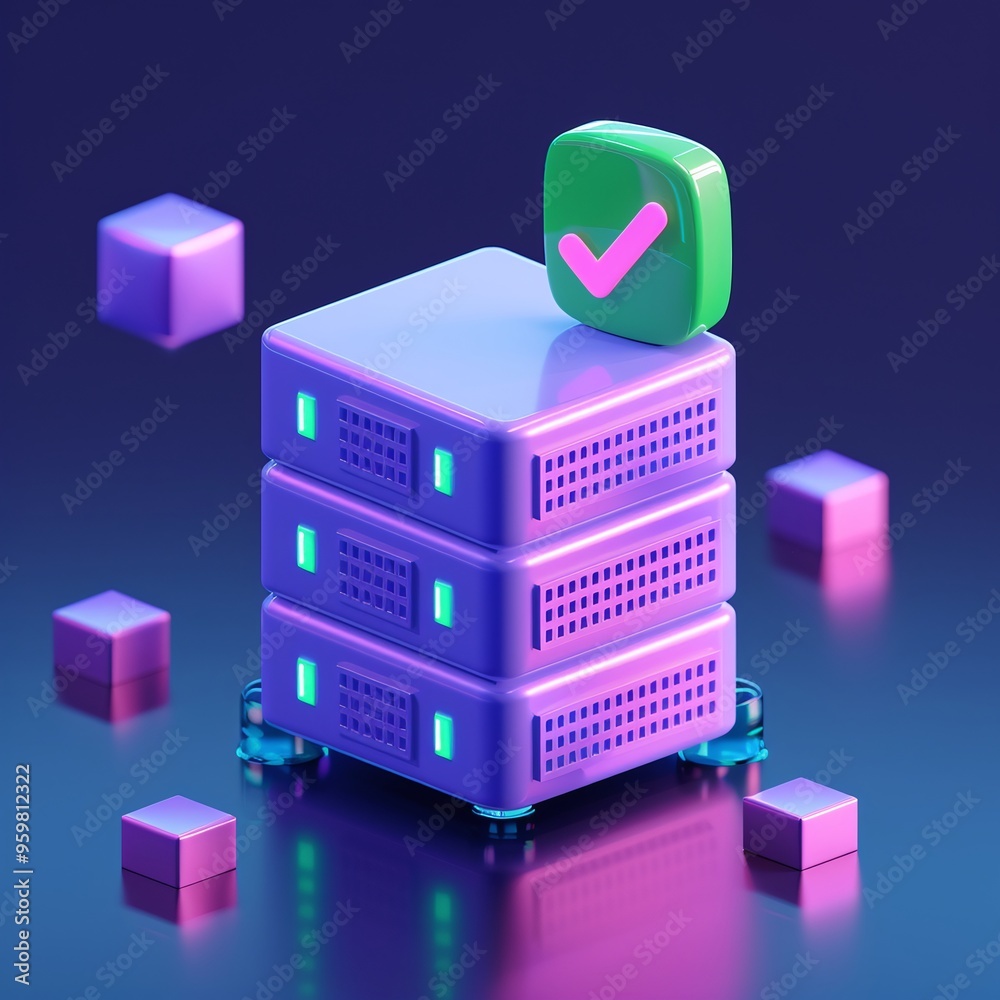 Poster modern server stacks with a green checkmark, representing secure and reliable data storage in a digi