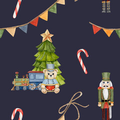 watercolor seamless pattern with Christmas tree, train and teddy Bear and nutcracker, caramel, garland with flags on blue background