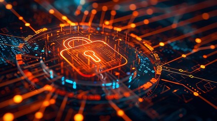 A digital environment focusing on cybersecurity, with a glowing lock icon and a network of data streams, the scene evoking a sense of digital protection and security in a high-tech world