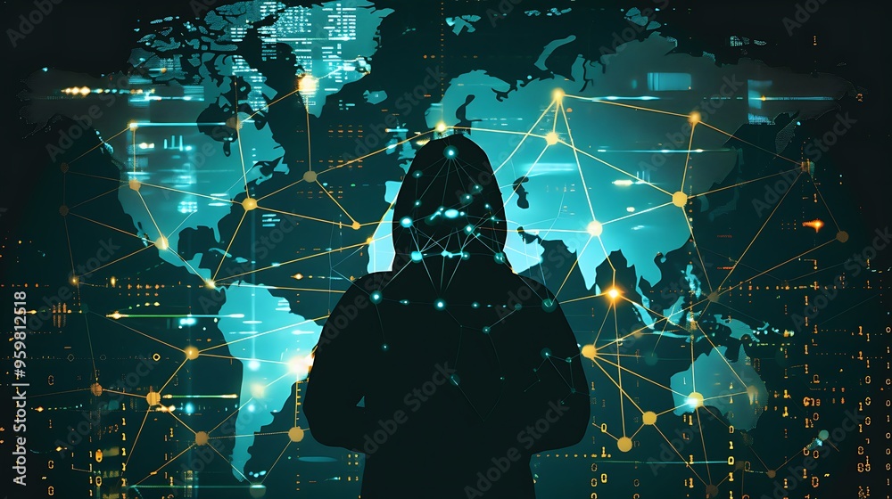 Wall mural a flat design of a global cyberattack, showing lines of connection between different countries on a 