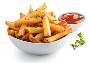 A bowl of french fries with a side of ketchup. The fries are cut into small pieces and are sprinkled with parsley. The bowl is placed on a white background. Isolated white background, Ai generative