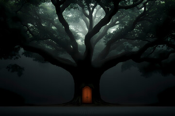 A grand, ancient tree in a dense, foggy forest with a small, mysterious door at its base, evoking a sense of mystery, adventure, and hidden secrets in nature.
