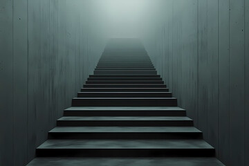 A long set of cement stairs ascends into a foggy, obscure atmosphere. The staircase stretches upwards, invoking feelings of mystery, challenge, and uncertainty.