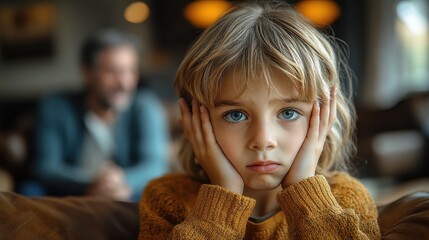 Young Boy Covering His Ears in Foreground While Angry Parents Fight in Background at Home, Emotional Scene Depicting Family Conflict and Distress, Captured in High-Resolution, Dramatic Lighting

