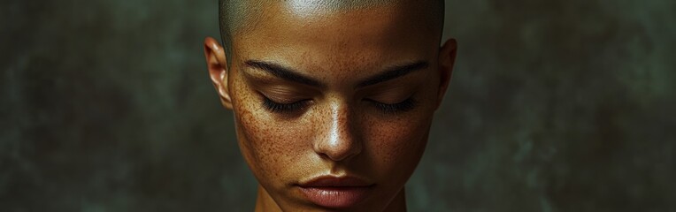 Empowered young woman with shaved head standing against floral background