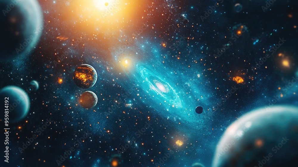 Poster 2D illustration featuring a 3D cartoon rendering A realistic star pattern set in deep interstellar space showcasing stars planets and moons Various imaginative science fiction backdrops are depict