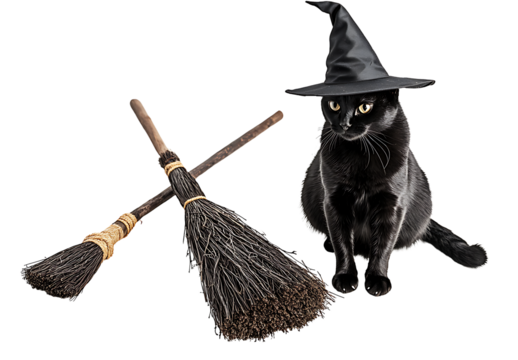 Halloween pumpkin and cat with broom isolated - Powered by Adobe