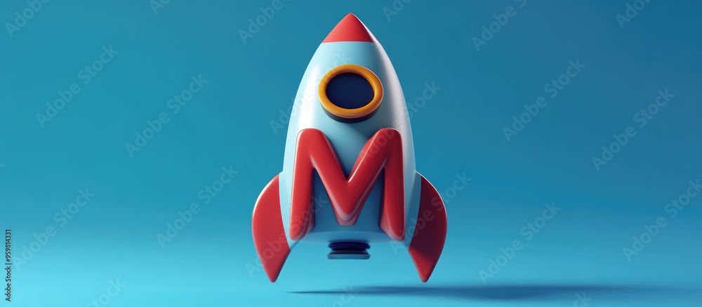 Poster 3d render of a rocket shaped like the letter m in a cartoon style