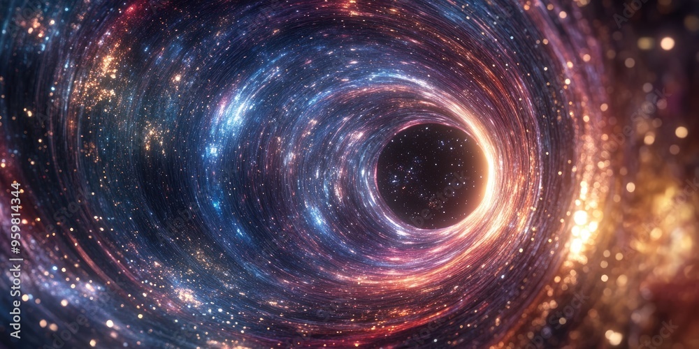 Poster Cartoon stylized 3D rendering of a cosmic wormhole illustrating a space travel concept with a funnel shaped tunnel connecting different universes