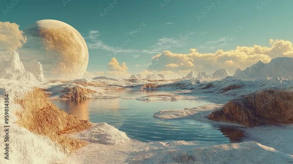 Aufkleber Beautiful view from an exoplanet captured in 3D cartoon rendering showcasing a fantastic landscape of an alien world with a computer generated surface