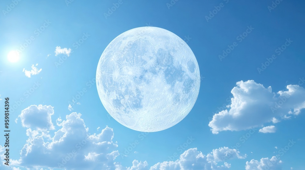 Poster cartoon rendering in 3d of a daytime full moon in the morning