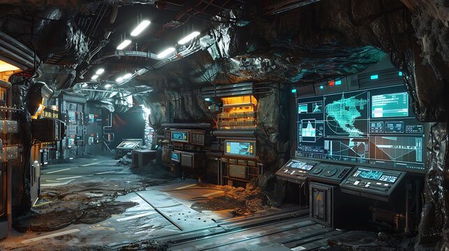 A hacker's underground bunker carved into the side of a mountain, with a rugged, industrial feel, large metal doors, cold concrete walls, and an array of high-tech devices projecting holographic maps 