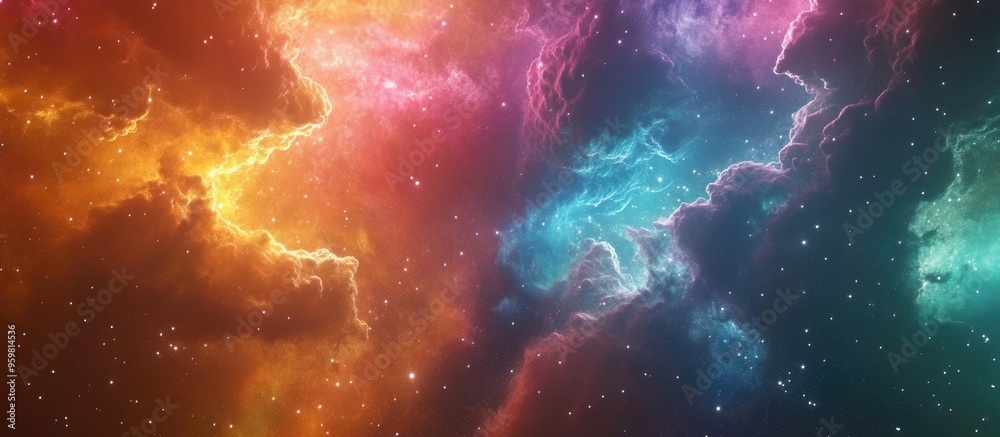Poster Colorful space galaxy cloud nebula in a 3D cartoon rendering Stary night cosmos and supernova background wallpaper highlighting universe science and astronomy