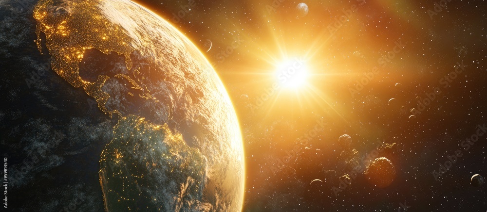 Aufkleber cartoon rendering in 3d featuring planet earth and a rising sun in space