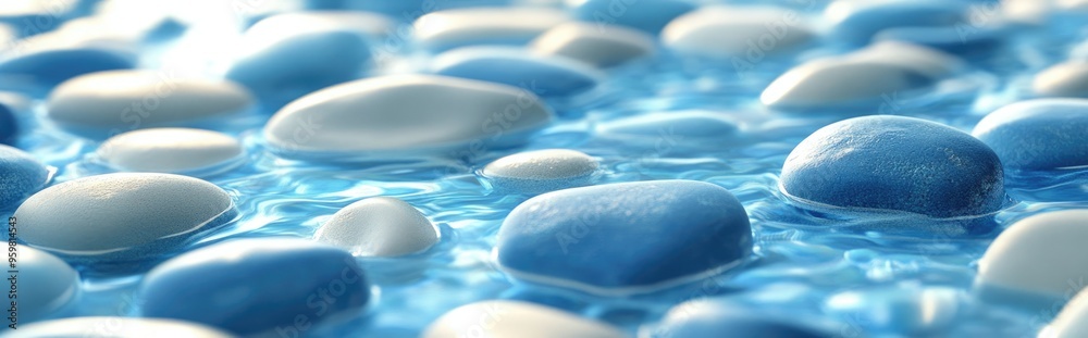 Poster blue and white surface filled with pebbles in 3d cartoon rendering