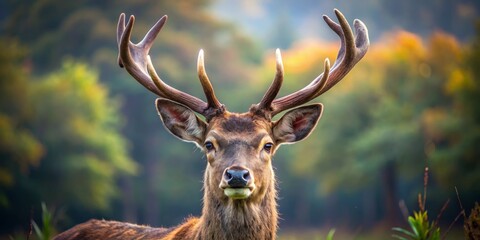 Fototapeta premium A regal deer's majestic antlers stretch towards the sun, set against a serene backdrop of lush foliage and