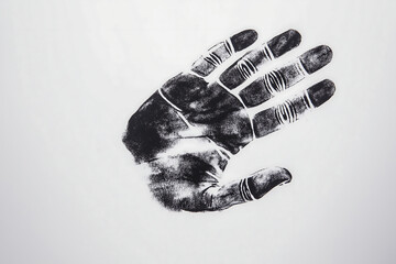 Black ink handprint on white background, detailed fingerprint pattern, unique identity symbol, artistic palm impression, crime scene investigation, personal identity, forensic evidence